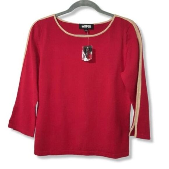 Kasper Stretchy Crop Sweater Knitted Top Red with Tan Accent 3/4 Sleeve Size M - Picture 13 of 13